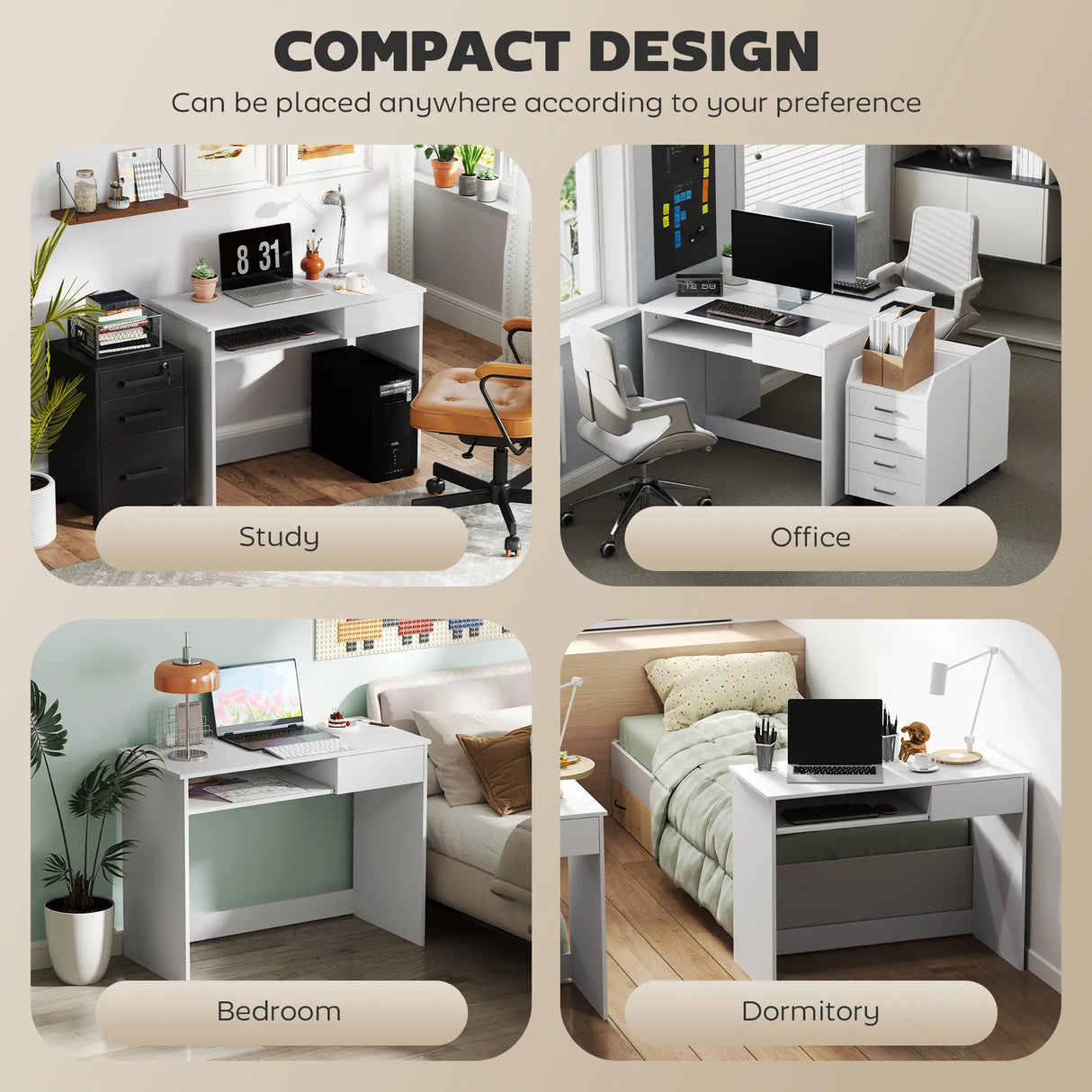 HOMCOM 100cm Compact Computer Desk with Keyboard Tray, Home Office Desk with Drawer for Bedroom Study, White