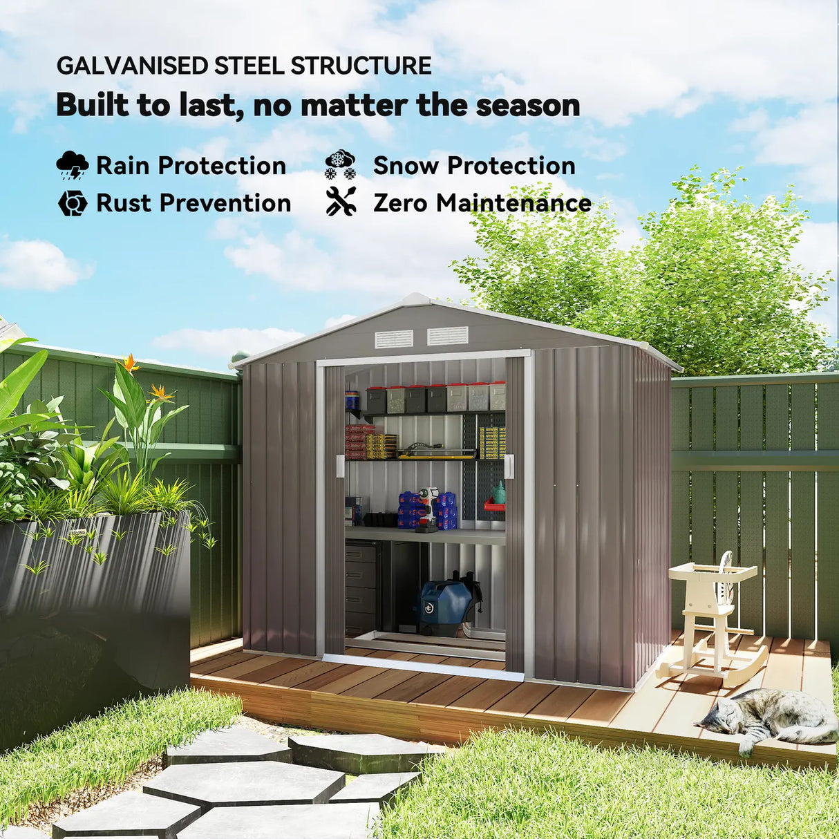 Outsunny 7ft x 4ft Lockable Garden Metal Storage Shed Storage Roofed Tool Metal Shed w/ Air Vents Steel Grey
