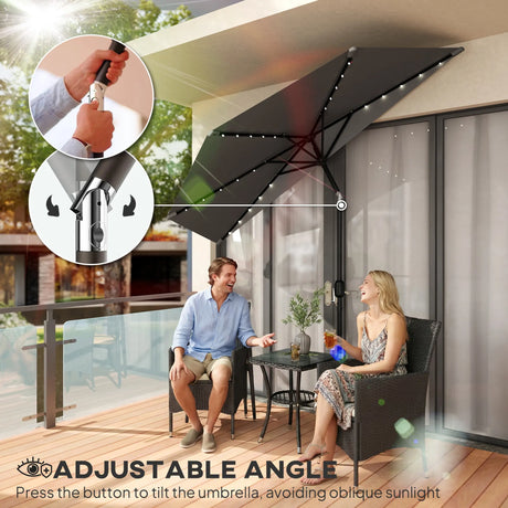 Outsunny 2.6 m Half Garden Parasol with Solar LED Lights, UPF50+ Semi Round Umbrella with 30 Tilt, Crank Handle, Dark Grey