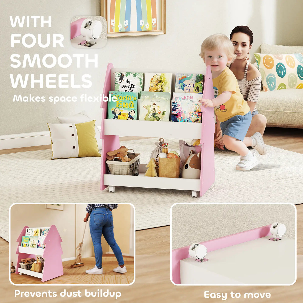 AIYAPLAY Kids Bookshelf with Toy Storage, Double-Sided Bookcase with Wheels, 3 Tier Kids Book Rack for Bedroom, Pink