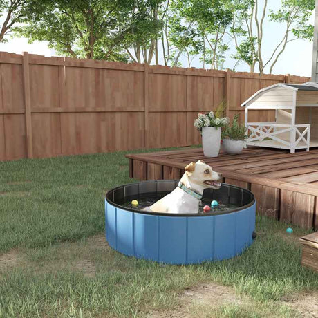 PawHut Foldable Dog Paddling Pool Pet Cat Swimming Pool Indoor/Outdoor Collapsible Summer Bathing Tub Shower Tub Puppy Washer (Φ100 x 30H cm, Blue)