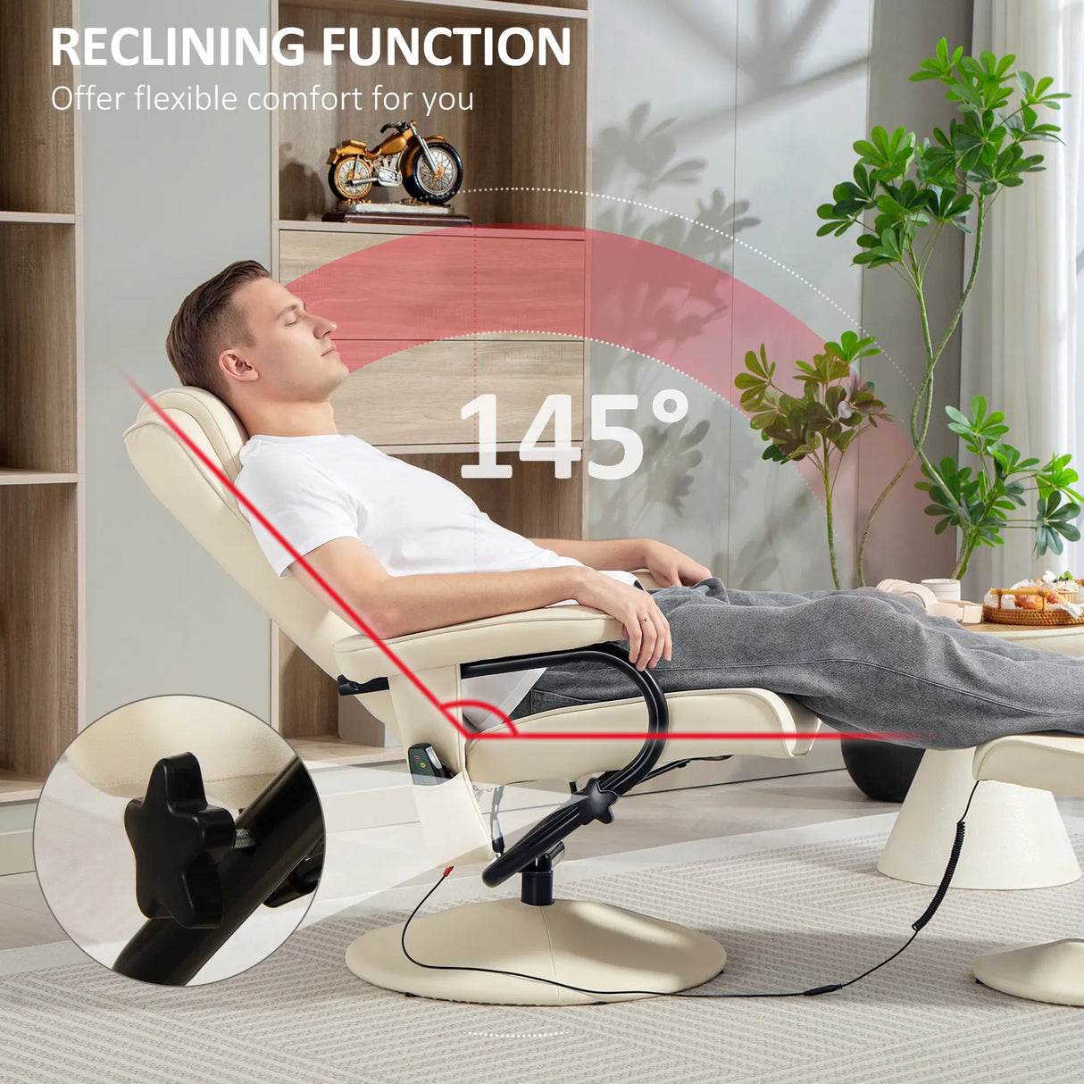 HOMCOM Swivel Recliner Chair and Footstool, Faux Leather Massage Recliner Armchair with Remote Control and Round Wrapped Base, Cream White