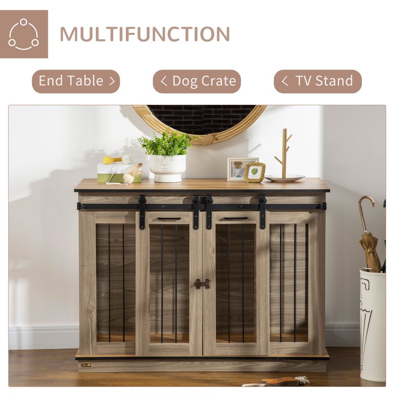 PawHut Dog Crate Furniture for Large Dogs, Double Dog Cage for Small Dogs, with Sliding Doors - Oak Tone