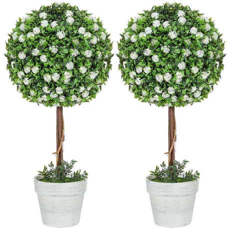 HOMCOM Set of 2 Decorative Artificial Plants, Ball Topiary Tree with Rose Flower in Pot, Fake Plants for Home Indoor Outdoor Decor, 60cm, White