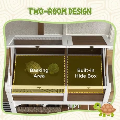 PawHut Wooden Tortoise House, with Shelter, Run, Shelf, Lamp Holder, Tray - Brown