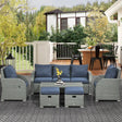 Outsunny Six-piece Outdoor Rattan Dining Set, Outdoor Sofa Set with Reclining Armchairs and Mental Frame, Blue