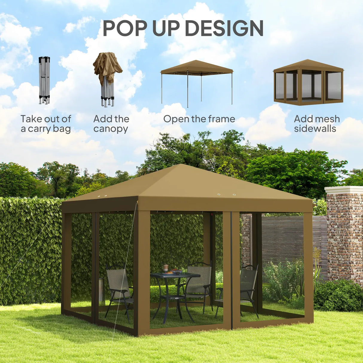Outsunny 3 x 3 m Pop Up Gazebo, 420D Garden Tent Canopy with Removable Mesh Sidewall Netting, Carry Bag for Garden Patio Outdoor, Khaki