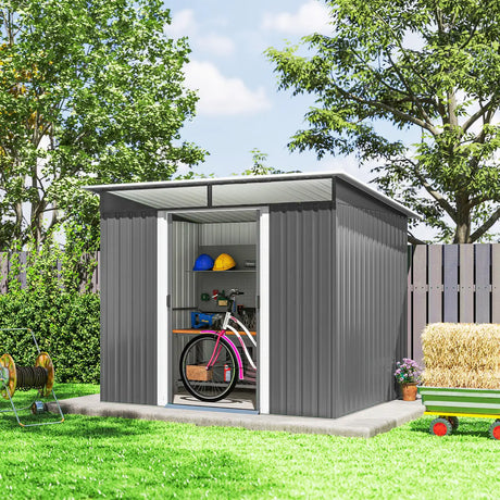 Outsunny Garden Metal Storage Shed House Hut Gardening Tool Storage w/ Tilted Roof and Ventilation 8.5 x 6ft, Grey