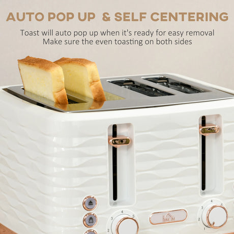HOMCOM Kettle and Toaster Sets, 3000W 1.7L Rapid Boil Kettle & 4 Slice Toaster with 7 Browning Controls, Defrost, Reheat and Crumb Tray, UK Otter thermostat, Cream White