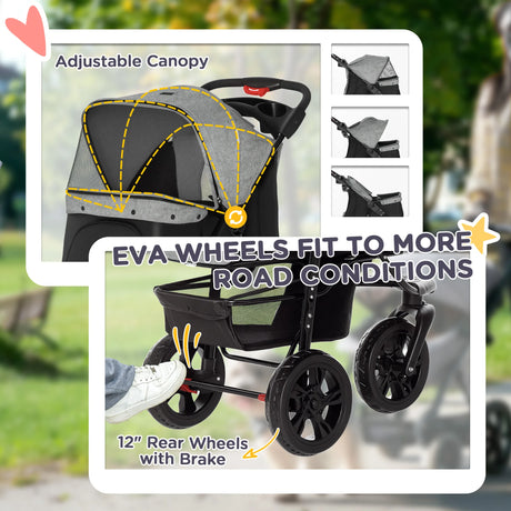 PawHut Dog Stroller Pram, 3-Wheel Foldable Pet Stroller with Invisible Sky Roof, for Small Dogs & Cats, Red