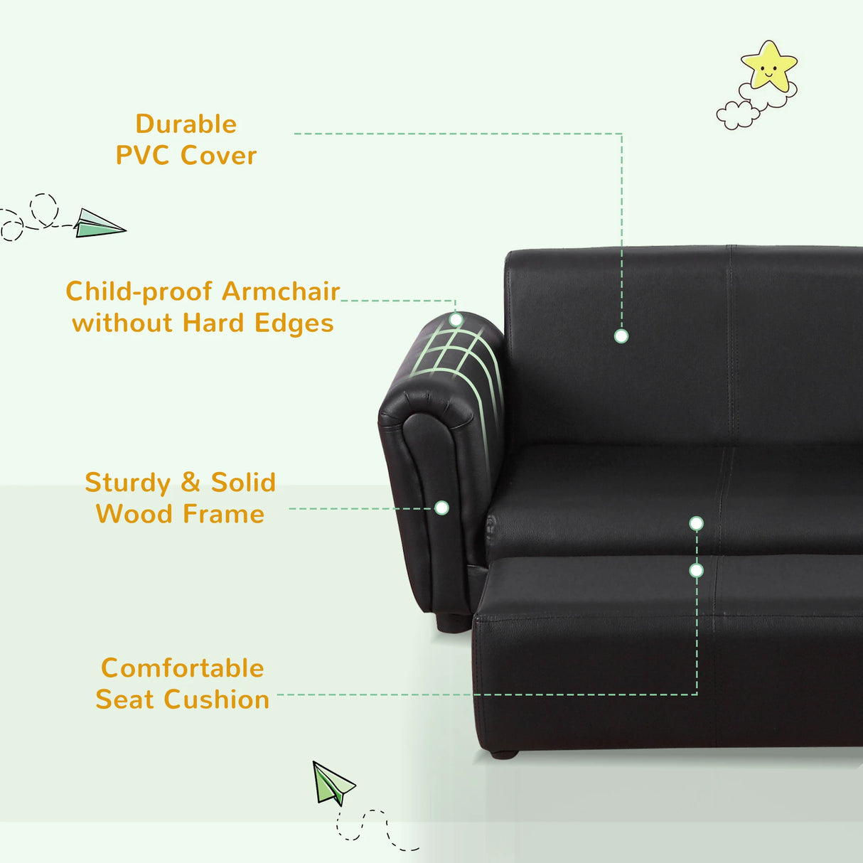 HOMCOM Kids Sofa Bed Kids Twin Sofa Toddler Chair 2 Seater Kids Twin Sofa Chair Boys Girls Couch w/ Footstool (Black)