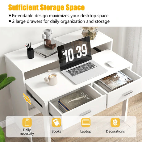 Extendable Writing Desk with Monitor Shelf and Wheels for Home Office-White