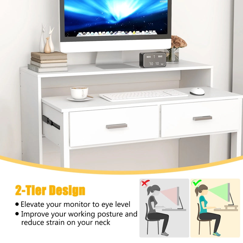 Extendable Writing Desk with Monitor Shelf and Wheels for Home Office-White