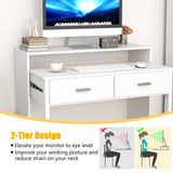 Extendable Writing Desk with Monitor Shelf and Wheels for Home Office-White