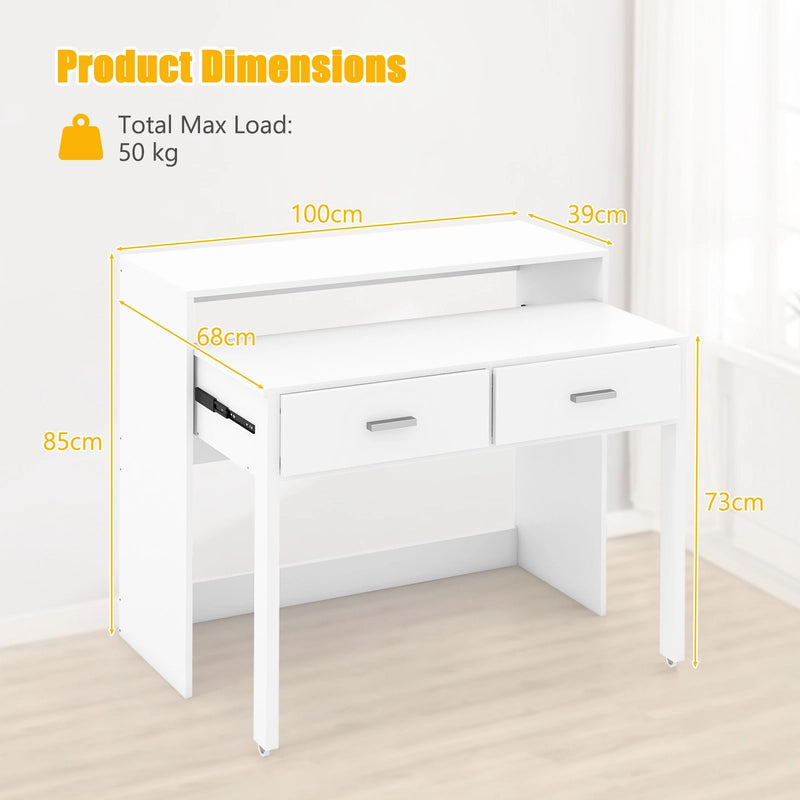 Extendable Writing Desk with Monitor Shelf and Wheels for Home Office-White