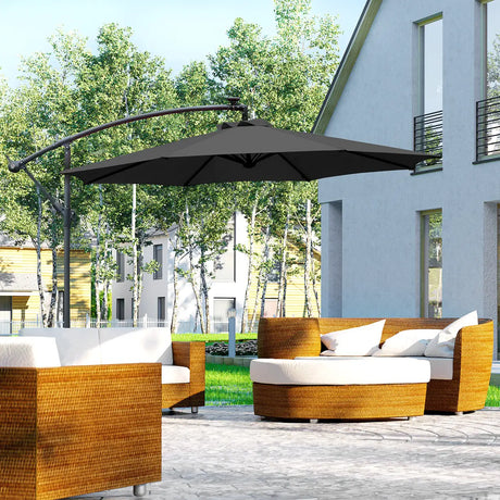 Outsunny 3m LED Patio Banana Umbrella Cantilever Parasol w/ Crank Cross Base Hanging Offset Umbrella Frame Steel  Aluminium Garden Table Outdoor Black