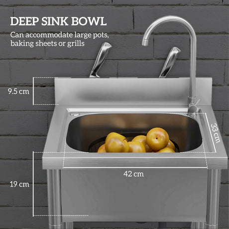 HOMCOM Outdoor Utility Sink, Free Standing Single Bowl Kitchen Sink with Cold and Hot Water Pipe and Storage Shelf for Laundry Garage, Silver Tone