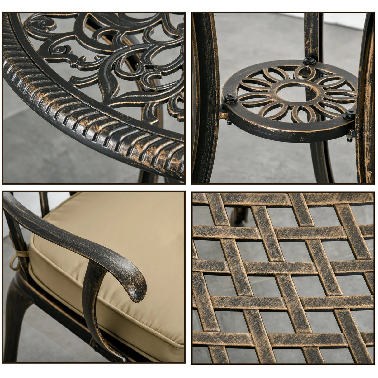 Outsunny 3pc Cast Aluminium Garden Bistro Set for 2 with Parasol Hole, Outdoor Coffee Table Set Rust Resistant with Cushions, Bronze