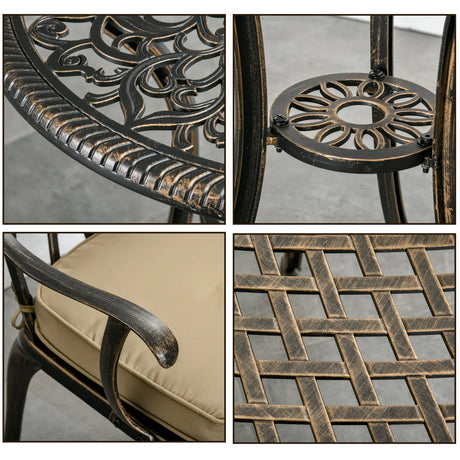 Outsunny 3pc Cast Aluminium Garden Bistro Set for 2 with Parasol Hole, Outdoor Coffee Table Set Rust Resistant with Cushions, Bronze
