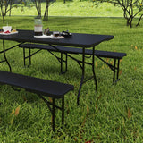 Outsunny Folding Picnic Table and Bench Set, Rattan Effect Portable Camping Table and Chairs with Carrying Handles for Indoor Outdoor, Dining, Camping, Picnic, BBQ, Party, Black