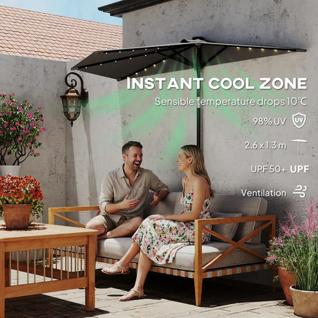 Outsunny 2.6 m Half Garden Parasol with Solar LED Lights, UPF50+ Semi Round Umbrella with 30 Tilt, Crank Handle, Dark Grey