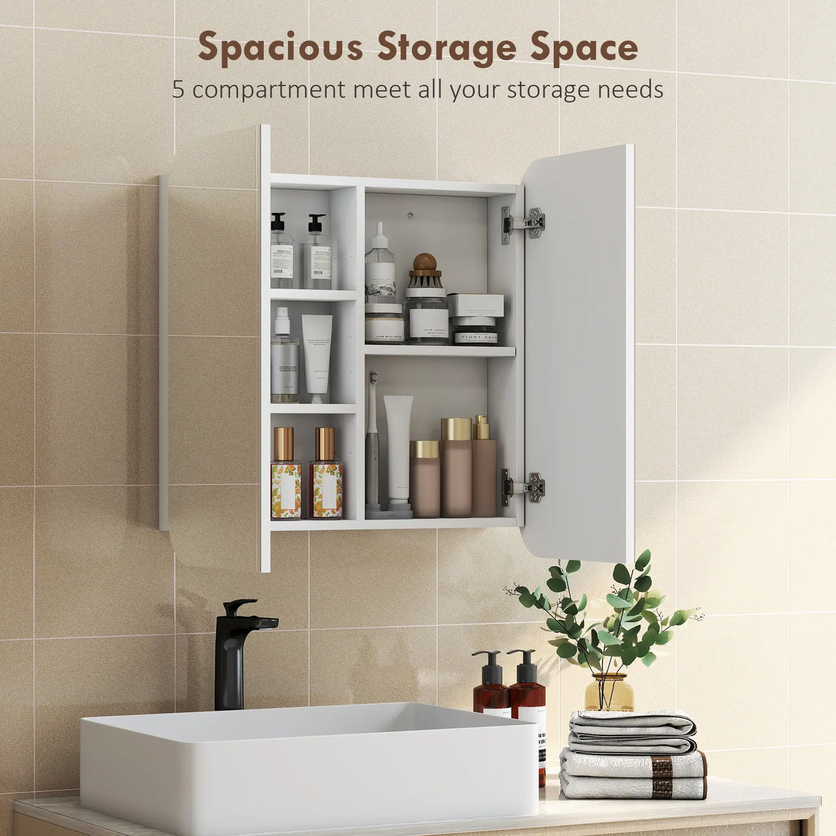 HOMCOM Arched Bathroom Mirror Cabinet with Adjustable Shelves - White
