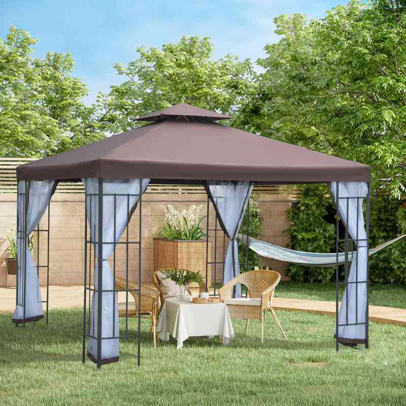 Outsunny 3 x 3(m) Patio Gazebo Canopy Garden Pavilion Tent Shelter with 2 Tier Roof and Mosquito Netting, Steel Frame, Coffee