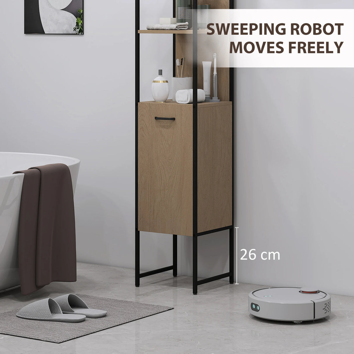 HOMCOM Tall Bathroom Cabinet with Open Shelves and Adjustable Shelf - Natural Wood Finish
