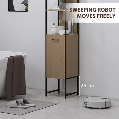 HOMCOM Tall Bathroom Cabinet with Open Shelves and Adjustable Shelf - Natural Wood Finish