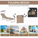 Outsunny Outdoor Foldable Sun Lounger, 4 Level Adjustable Backrest Reclining Sun Lounger Chair with Angle Adjust Sun Shade Awning for Beach, Garden, Patio, Tan