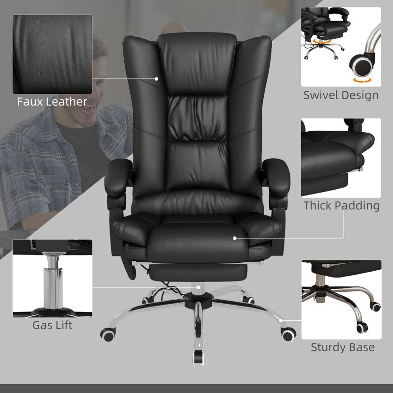 Vinsetto High Back Vibration Massage Office Chair, Heated Reclining PU Leather Computer Chair with 135° Reclining Back and Footrest, Black