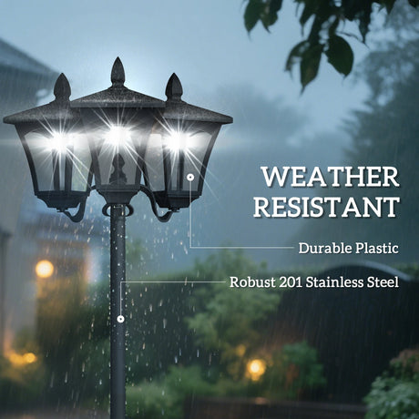 Outsunny 1.8m Traditional Victorian Style 3 Way Head Outdoor Garden Solar Post Lamp Sensor Dimmable LED Lantern Bollard Pathway IP44  Black