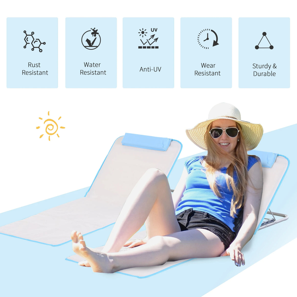 Outsunny Set of 2 Foldable Garden Beach Chair Mat, Lightweight Outdoor Sun Lounger Seats with Adjustable Back, Metal Frame, PE Fabric Head Pillow and Carry Bag, Cream White