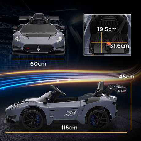 AIYAPLAY Maserati GT2 Licensed 12V Kids Electric Ride on Car with 4 Suspension Wheels, Remote Control, Music, Horn, Lights, Grey