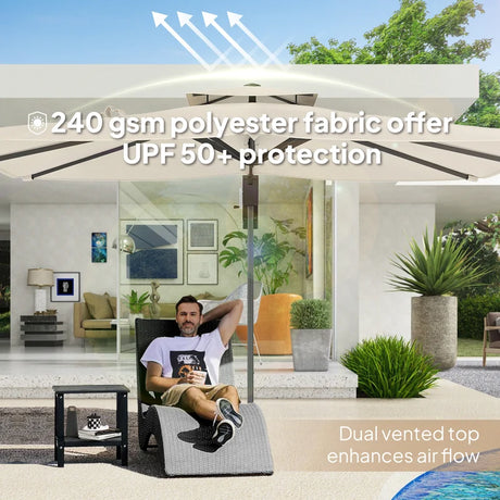 Outsunny 3.7 x 2.7 m Cantilever Parasol w/ 360 Rotation and Easy Tilt Adjustment, Aluminium Hanging Offset Outdoor Umbrella w/ Double Top and Cross Base, UPF50+ Hanging Sun Shade, Grey Wood Effect