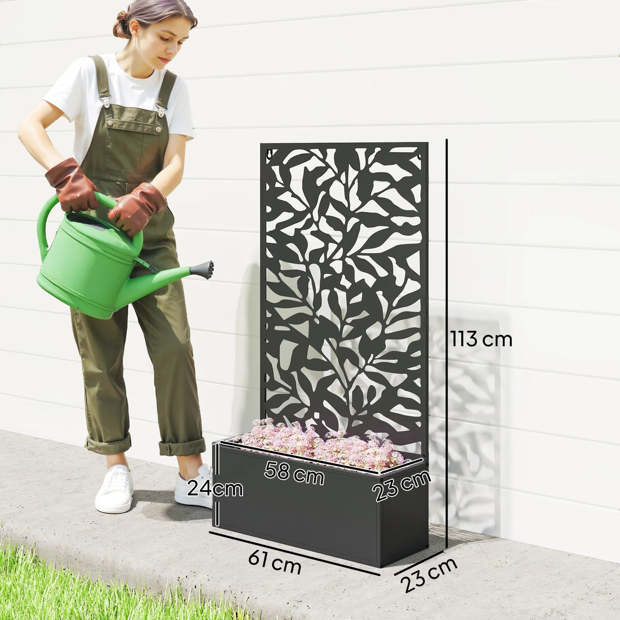 Outsunny Metal Garden Bed with Trellis, Wall Mounted or Freestanding Raised Planter with Privacy Panel, Black