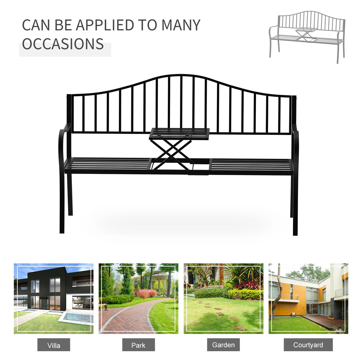 Outsunny Metal Bench W/Table,  150Lx53Wx95H cm