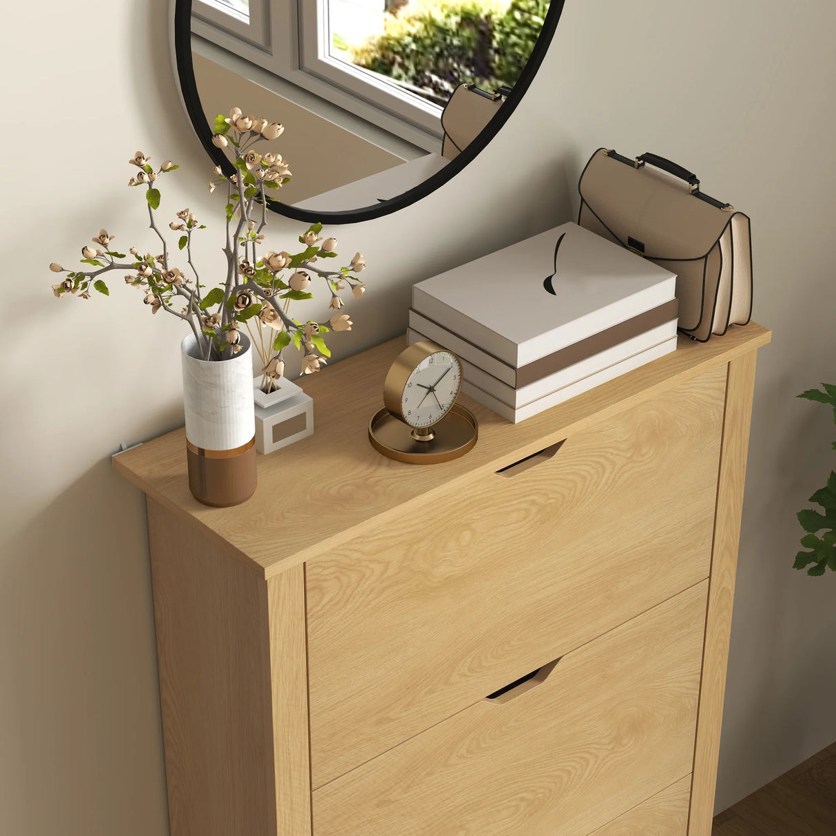 HOMCOM Slim Shoe Cabinet, Narrow Shoe Cupboard with 3 Drawers, Adjustable Shelves for 18 Pairs of Shoes, Natural Wood Finish