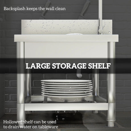 HOMCOM Outdoor Utility Sink, Free Standing Single Bowl Kitchen Sink with Cold and Hot Water Pipe and Storage Shelf for Laundry Garage, Silver Tone