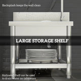 HOMCOM Outdoor Utility Sink, Stainless Steel Free Standing Single Bowl Kitchen Sink with Cold and Hot Water Pipe and Storage Shelf for Laundry Garage, 55 x 50 x 100 cm
