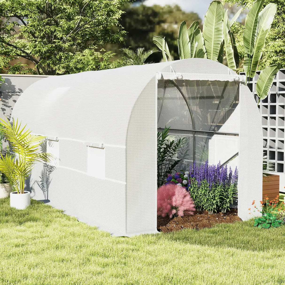 Outsunny 4.5 x 2 x 2 m Polytunnel Greenhouse, Walk-in Green House for Garden with Mesh Windows, Galvanised Steel Frame, White