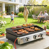 Outsunny 3 Burner Grill Griddle, Portable Gas Plancha with Warming Rack, 7.5 kW, Tabletop Gas BBQ with Grease Cup, Black