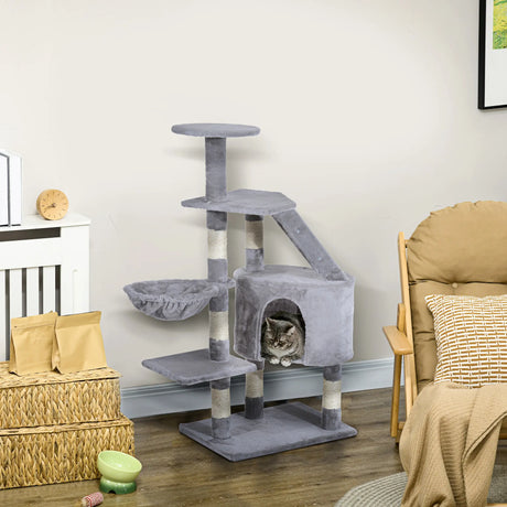 PawHut Cat Tree for Indoor Cats Kitten Scratching Post Scratch Scratcher Climb Activity Center Play House Pet Furniture 125cm (Grey)