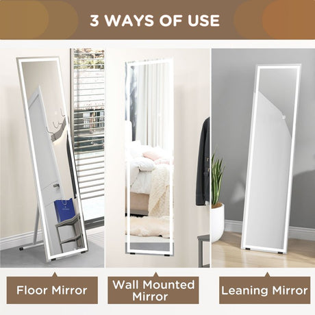 HOMCOM Standing Dressing Mirror with LED Lights, Wall Dressing Mirror for Bedroom with Dimmable and 3 Colour Lighting, White