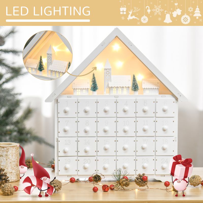 HOMCOM 24-Drawer Christmas Advent Calendar, Wooden Light-Up Traditional Decoration, Adults Kids Countdown Holiday House w/ Lights Handle White