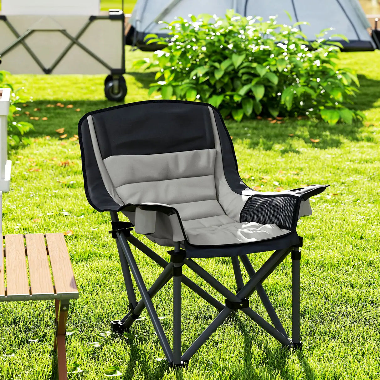 Outsunny Portable Padded Camping Chair, with Bag - Black/Grey