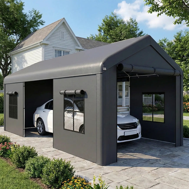 Outsunny 3 x 6 m Heavy Duty Carport, Portable Garage Car Canopy Tent with Galvanised Frame, Doors, Windows, Dark Grey