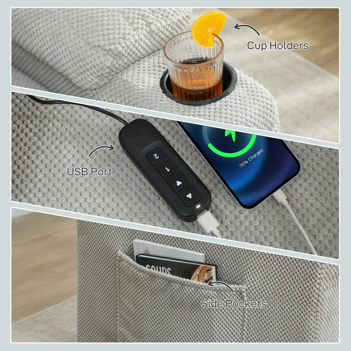 HOMCOM Electric Massage Recliner Armchair with Vibration, Heat, Whisper-Quiet Motor, Memory Function, Fleece Power Reclining Chair with Spring Pack, USB Port, Footrest, Side Pocket, Cup Holders, Grey