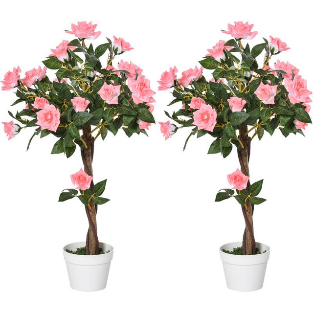 Outsunny Set of 2 Artificial Plants Pink Rose Floral in Pot, Fake Plants for Home Indoor Outdoor Decor, 90cm