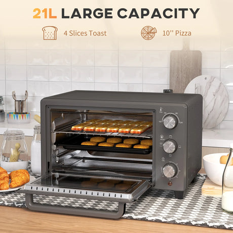 HOMCOM 21L Mini Countertop Oven, 100C-230C Adjustable Temp - Grey